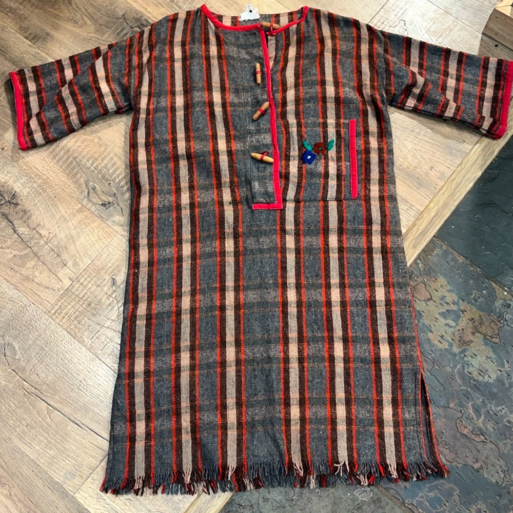 Striped WOOL Kaftan tribal Dress brown tan flower embroidery boho wood buttons M